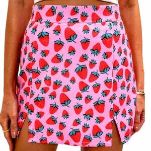 Shein Women’s XL 12 Strawberry Skirt A Line Pink Zip Back Side Slits High Rise